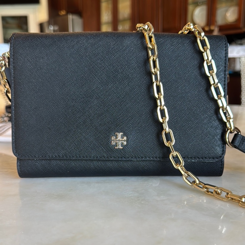 Tory Burch Black Saffiano Crossbody Bag with Gold Chain